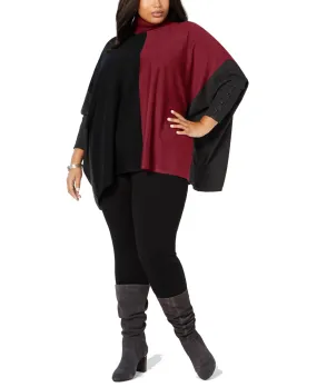 Alfani Plus Women's Turtleneck Colorblock Poncho Sweater, Malbec, 1X