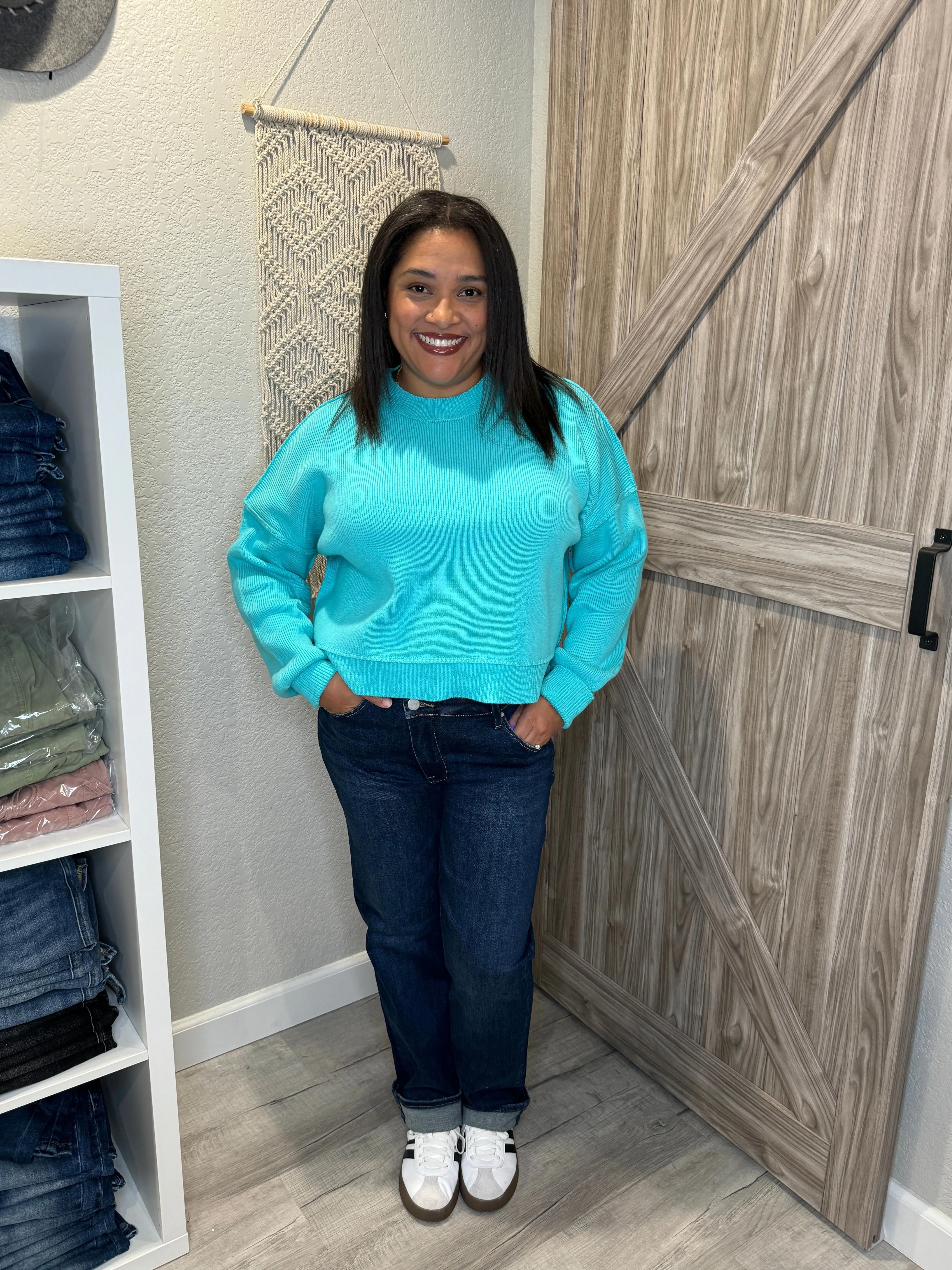 Aqua Blue Pullover Knit Mock Neck Sweater