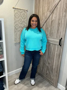 Aqua Blue Pullover Knit Mock Neck Sweater