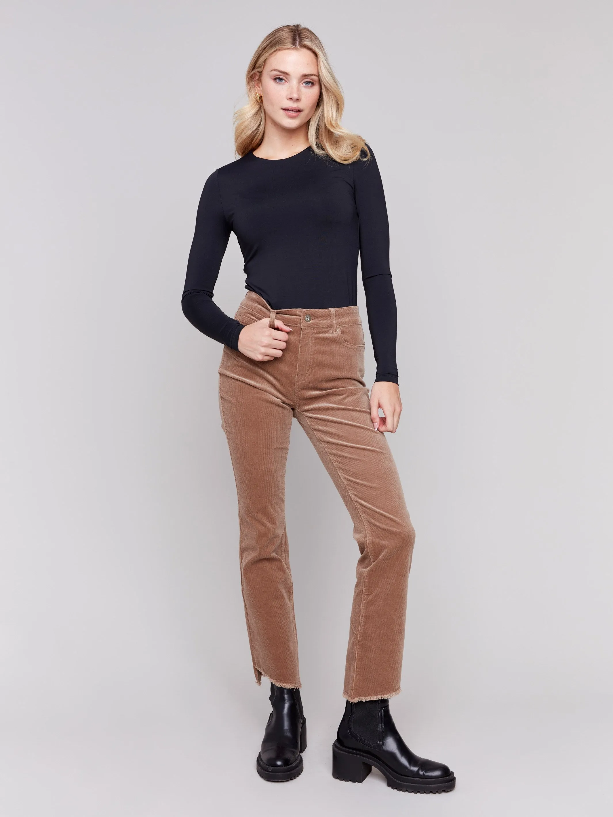 Bootcut Corduroy Pants with Asymmetrical Hem - Truffle