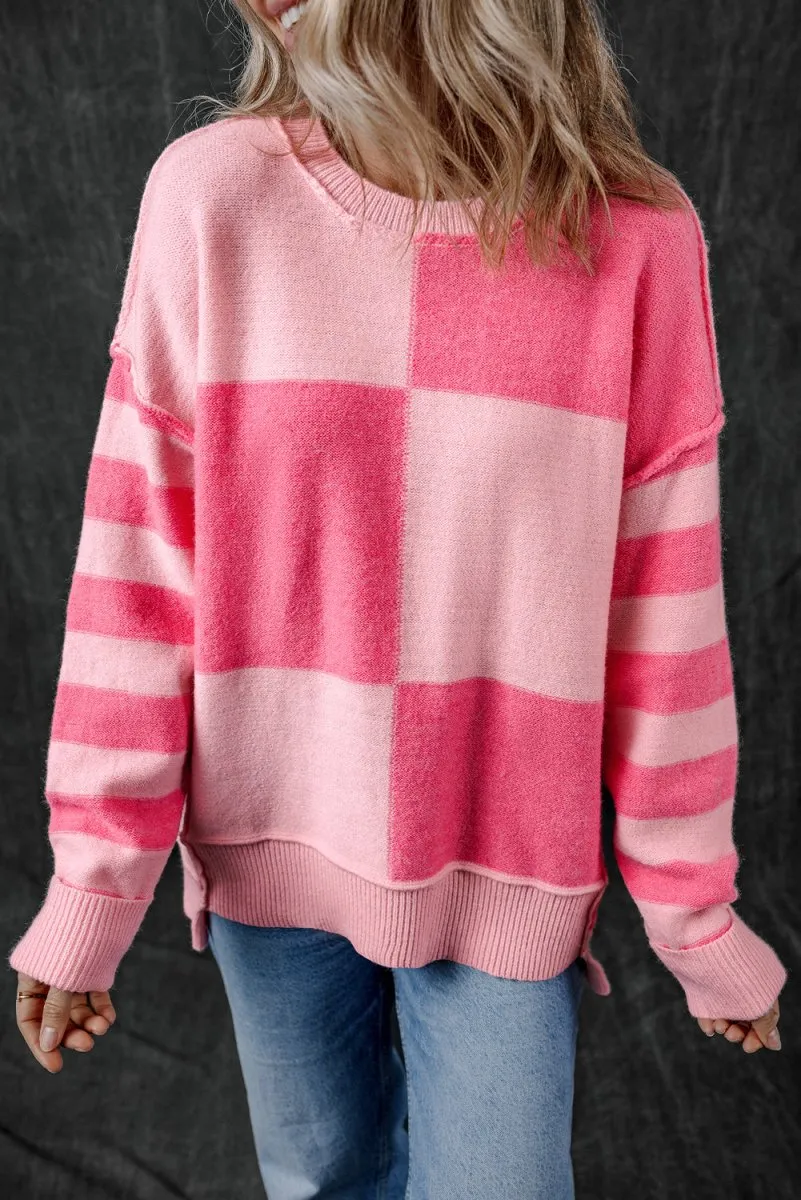 Checkered Pink Two-toned Striped Loose Sweater