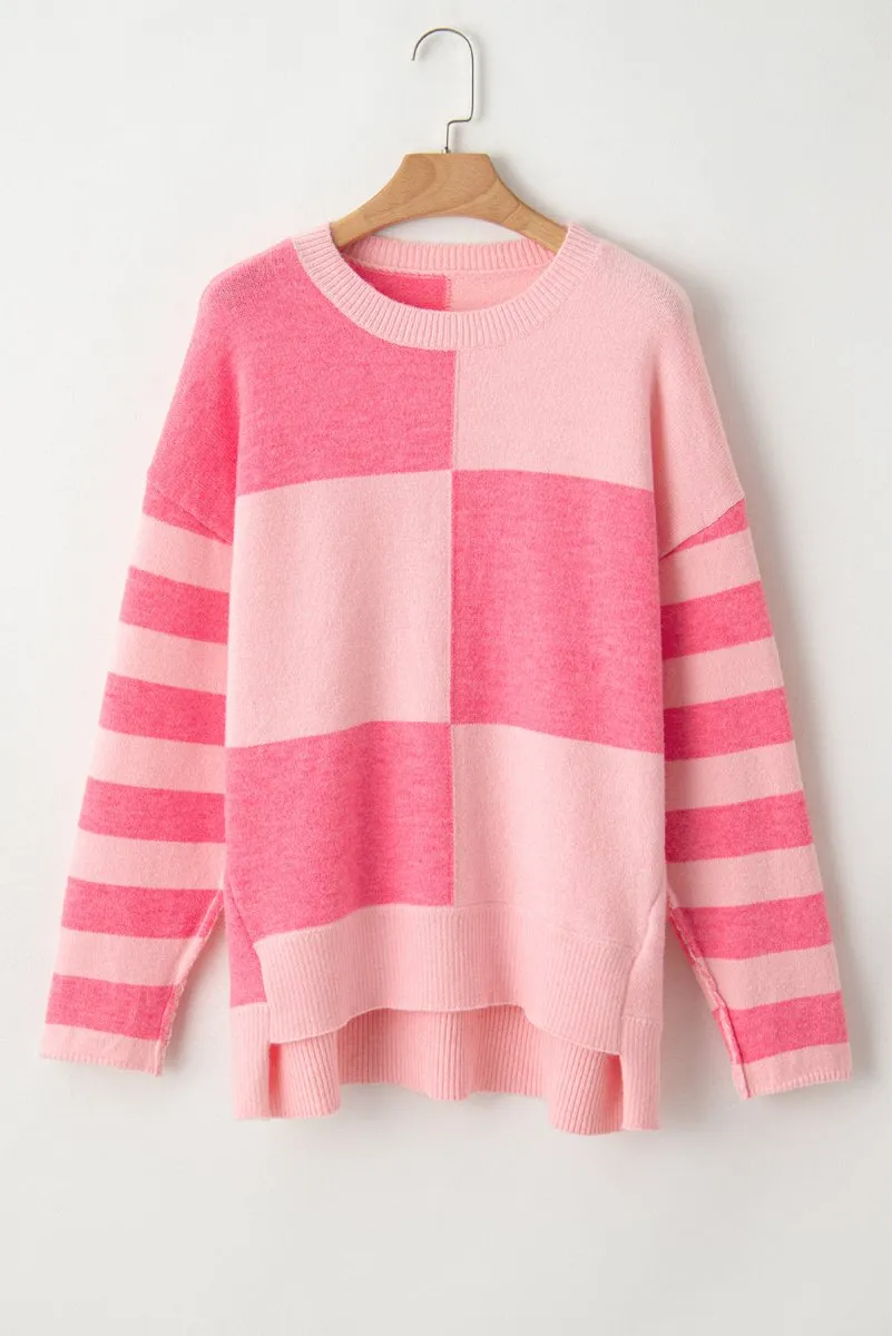 Checkered Pink Two-toned Striped Loose Sweater