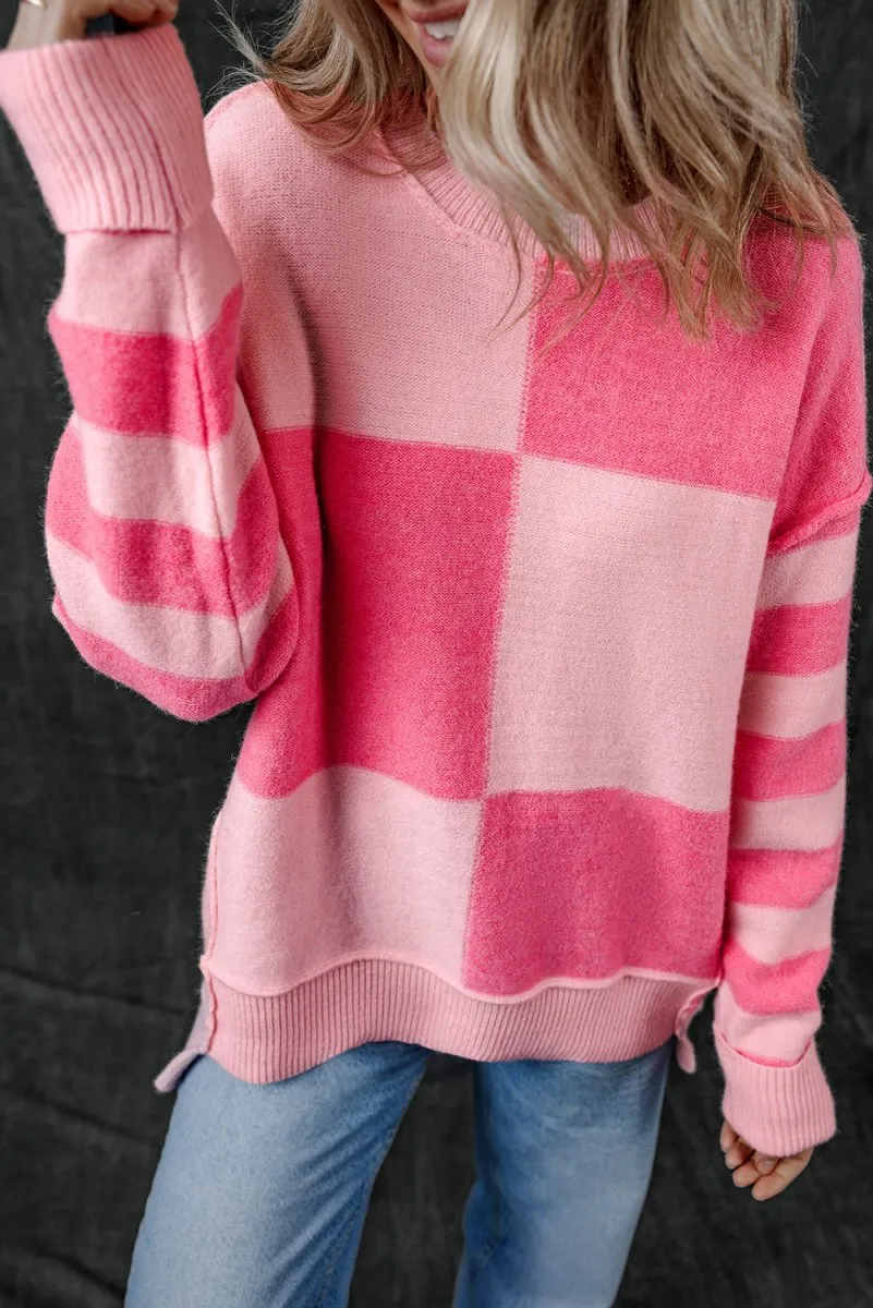 Checkered Pink Two-toned Striped Loose Sweater