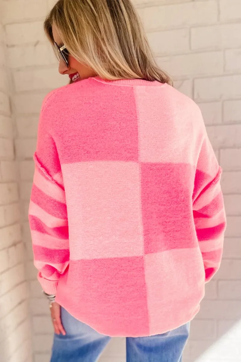 Checkered Pink Two-toned Striped Loose Sweater