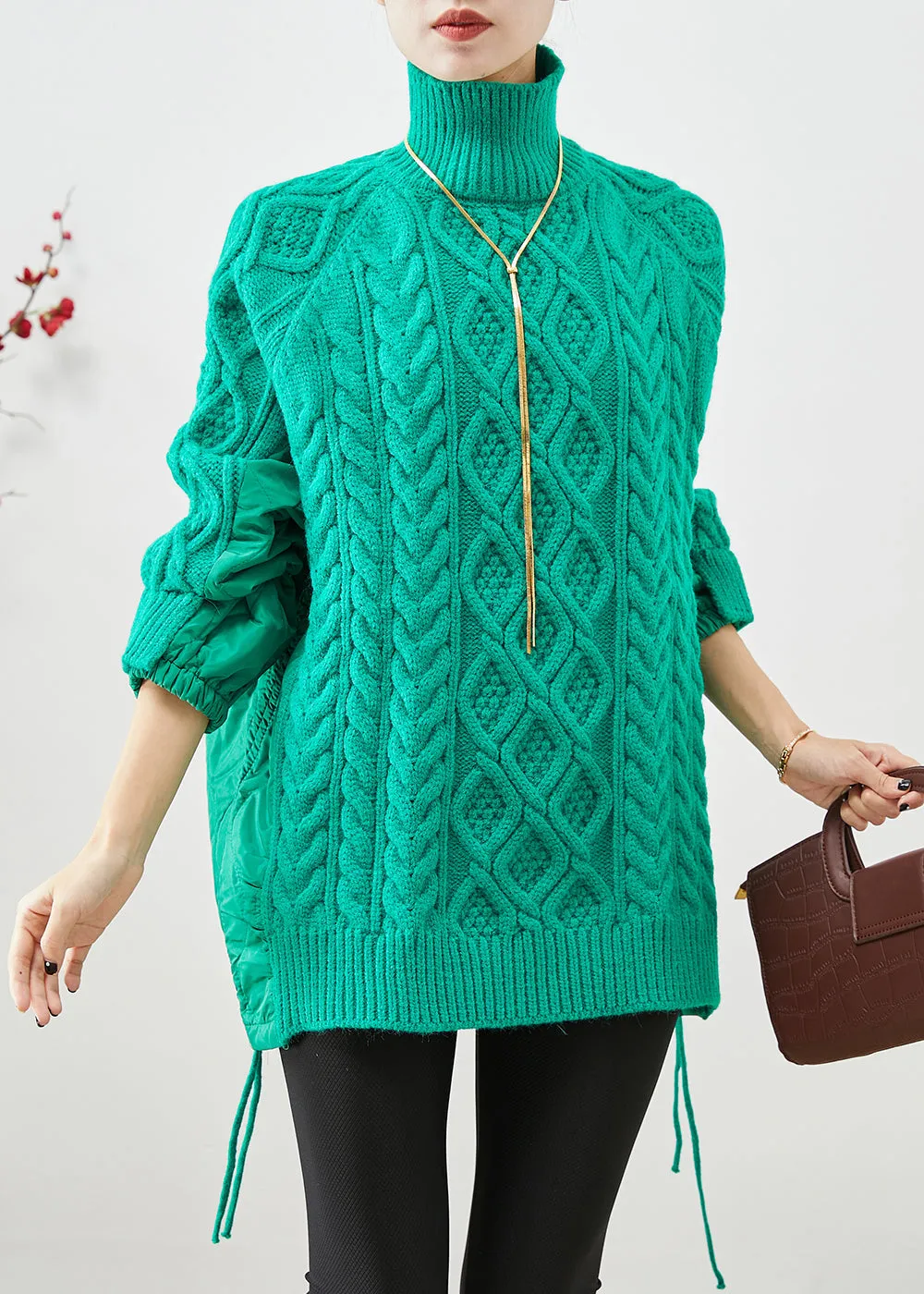 Chic Green High Neck Thick Patchwork Knit Sweaters Winter LY9844