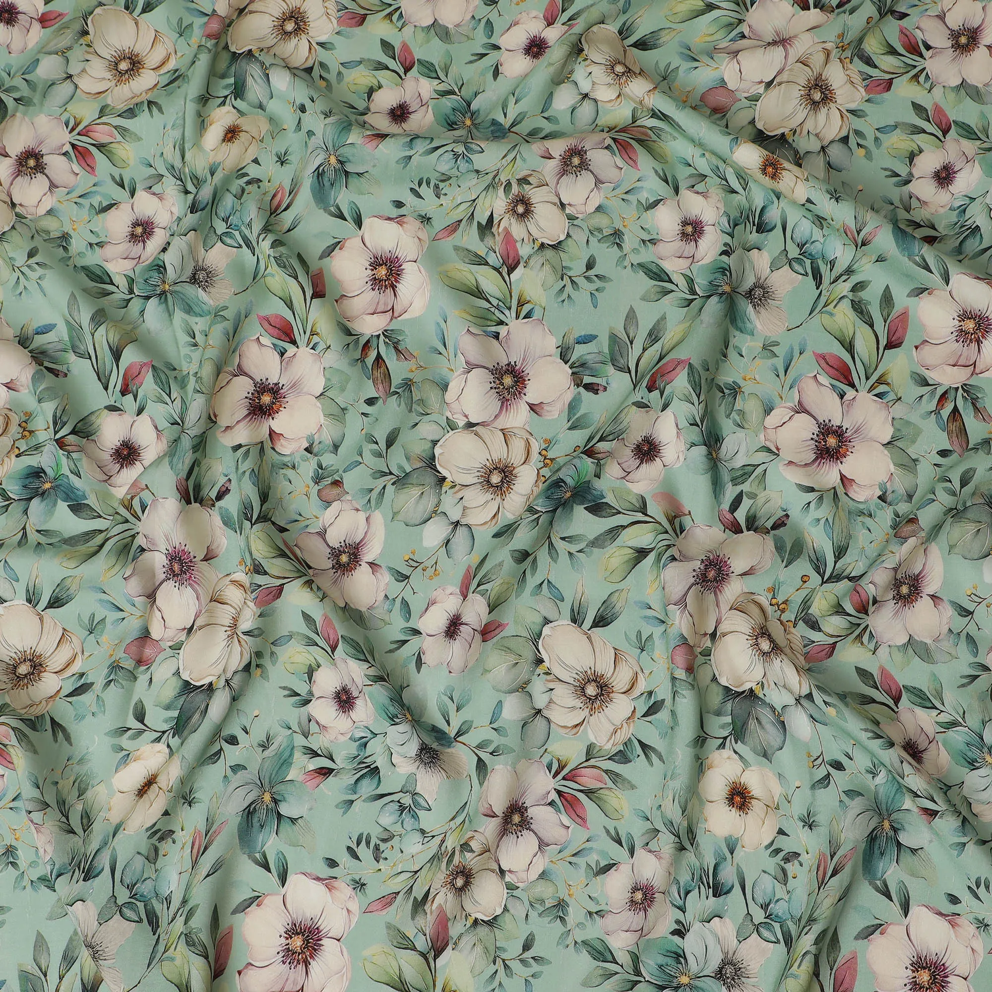 Elegant Mint Green Floral Viscose Fabric - 110 cm Wide-D19406