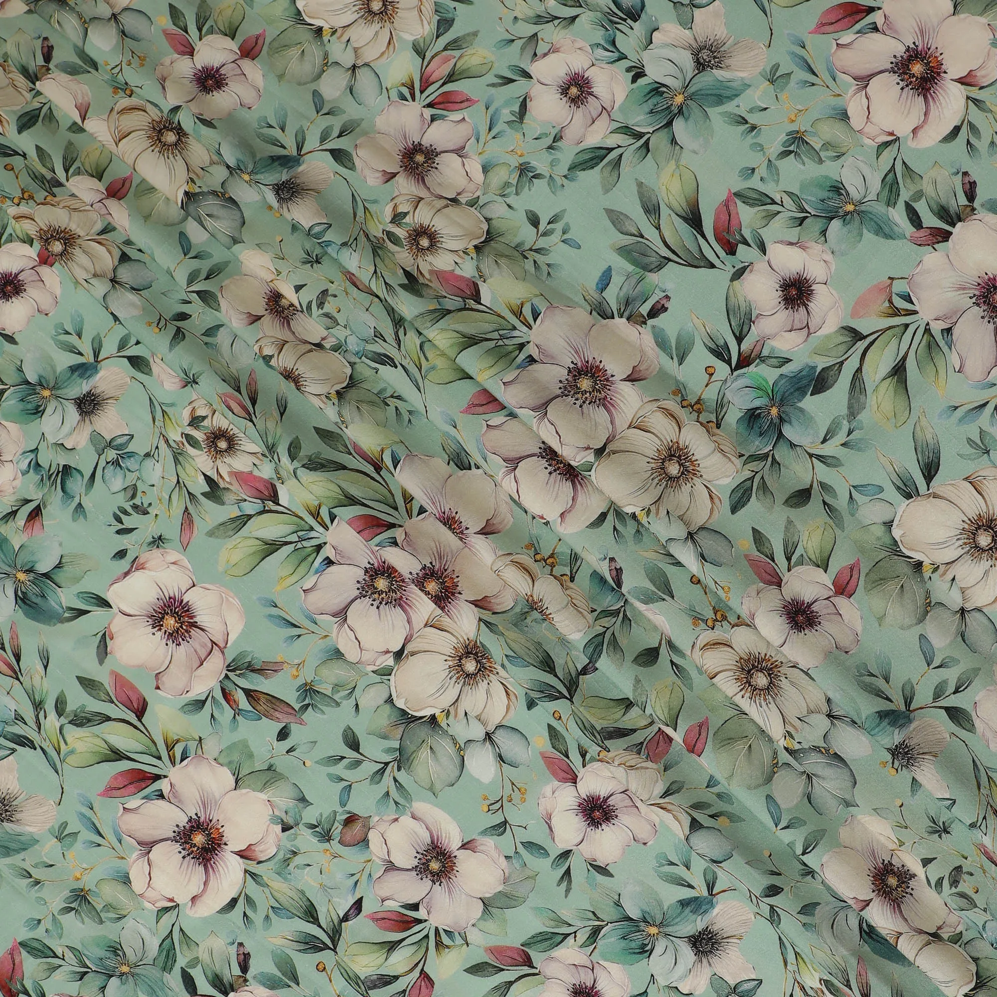 Elegant Mint Green Floral Viscose Fabric - 110 cm Wide-D19406