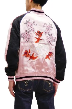 Japanesque Men's Japanese Souvenir Jacket Goldfish Embroidery Sukajan 3RSJ-702 Pink/Black