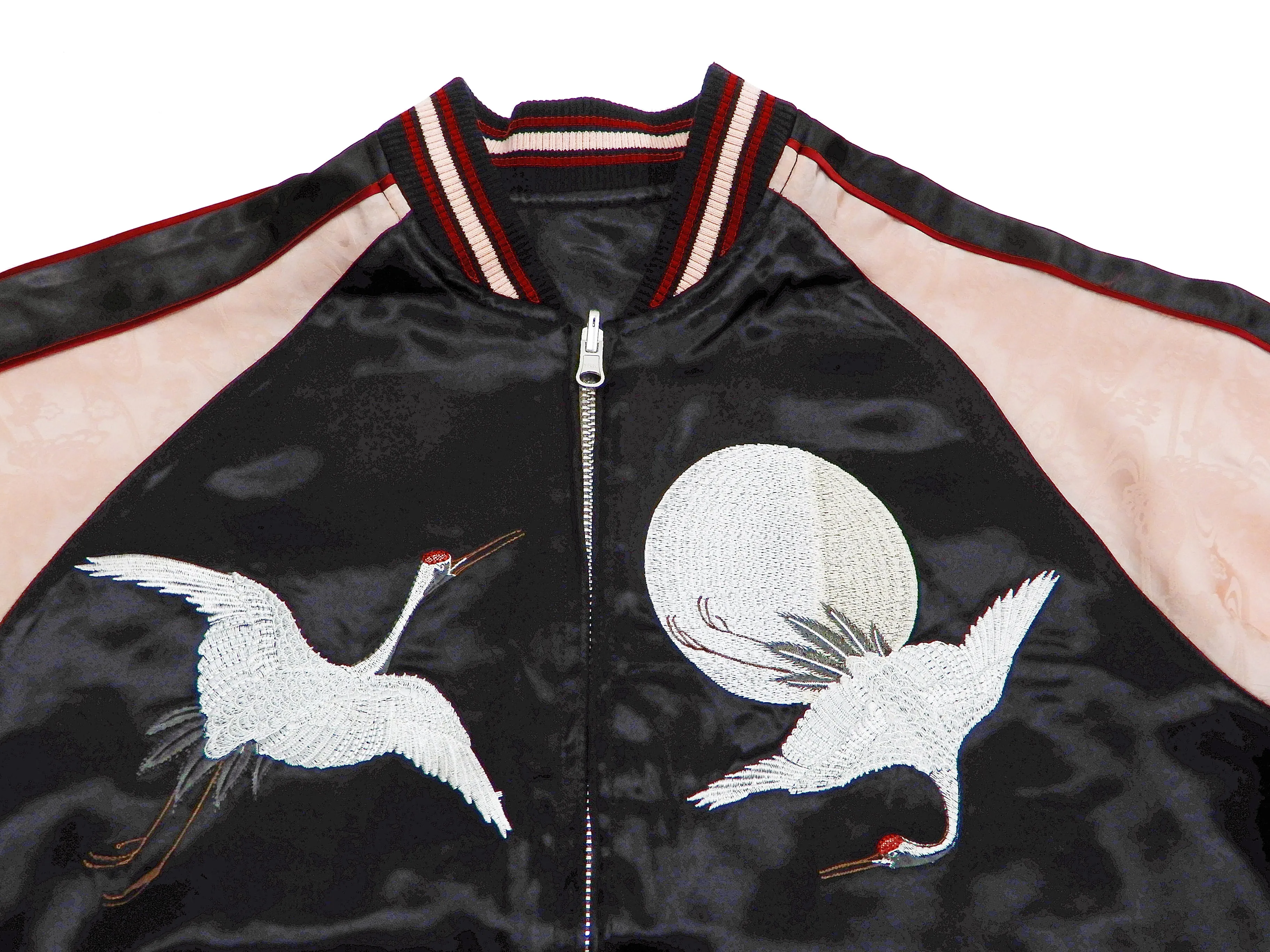 Japanesque Sukajan Jacket Men's Japanese Souvenir Jacket Japanese Crane 3RSJ-752 Black/Pink