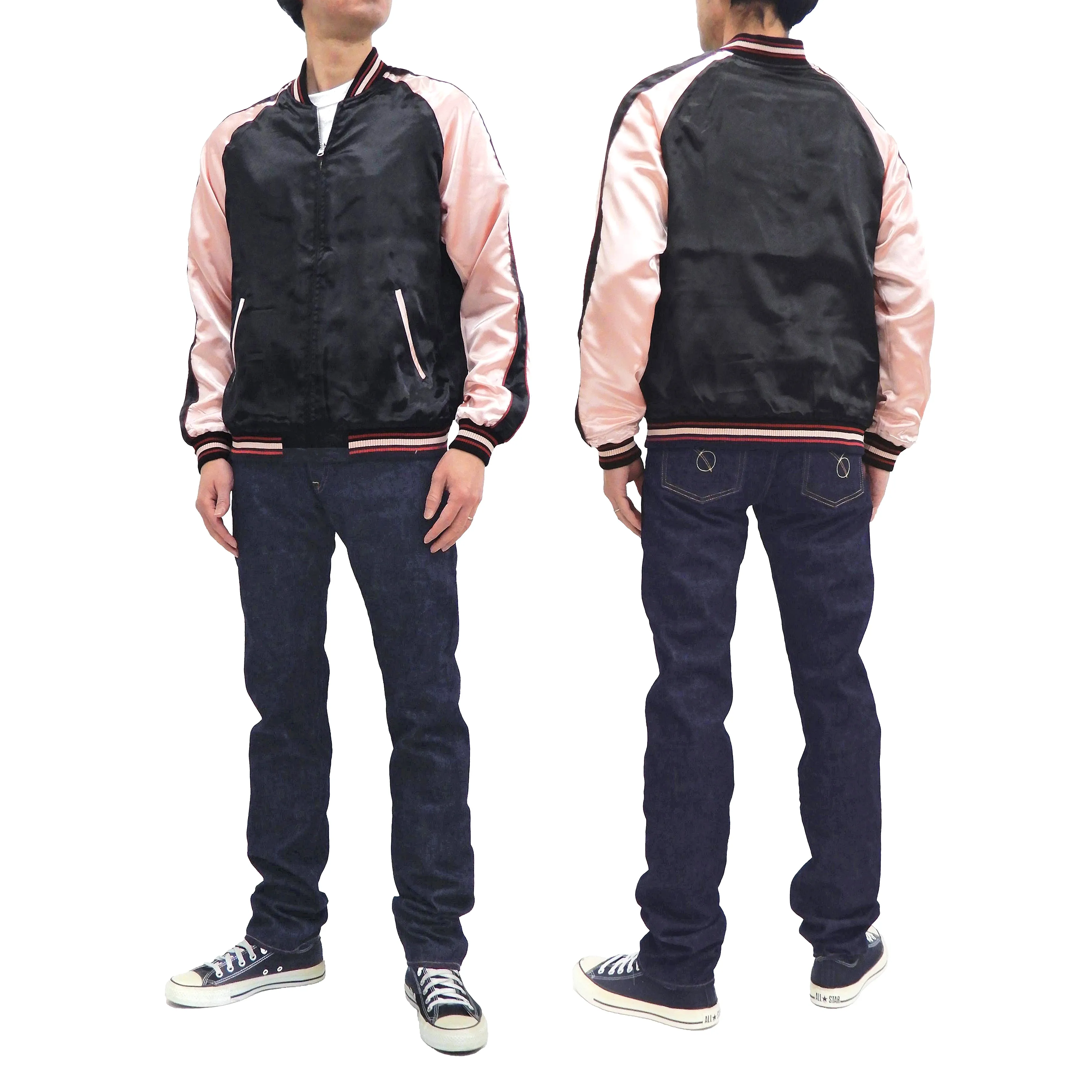 Japanesque Sukajan Jacket Men's Japanese Souvenir Jacket Japanese Crane 3RSJ-752 Black/Pink