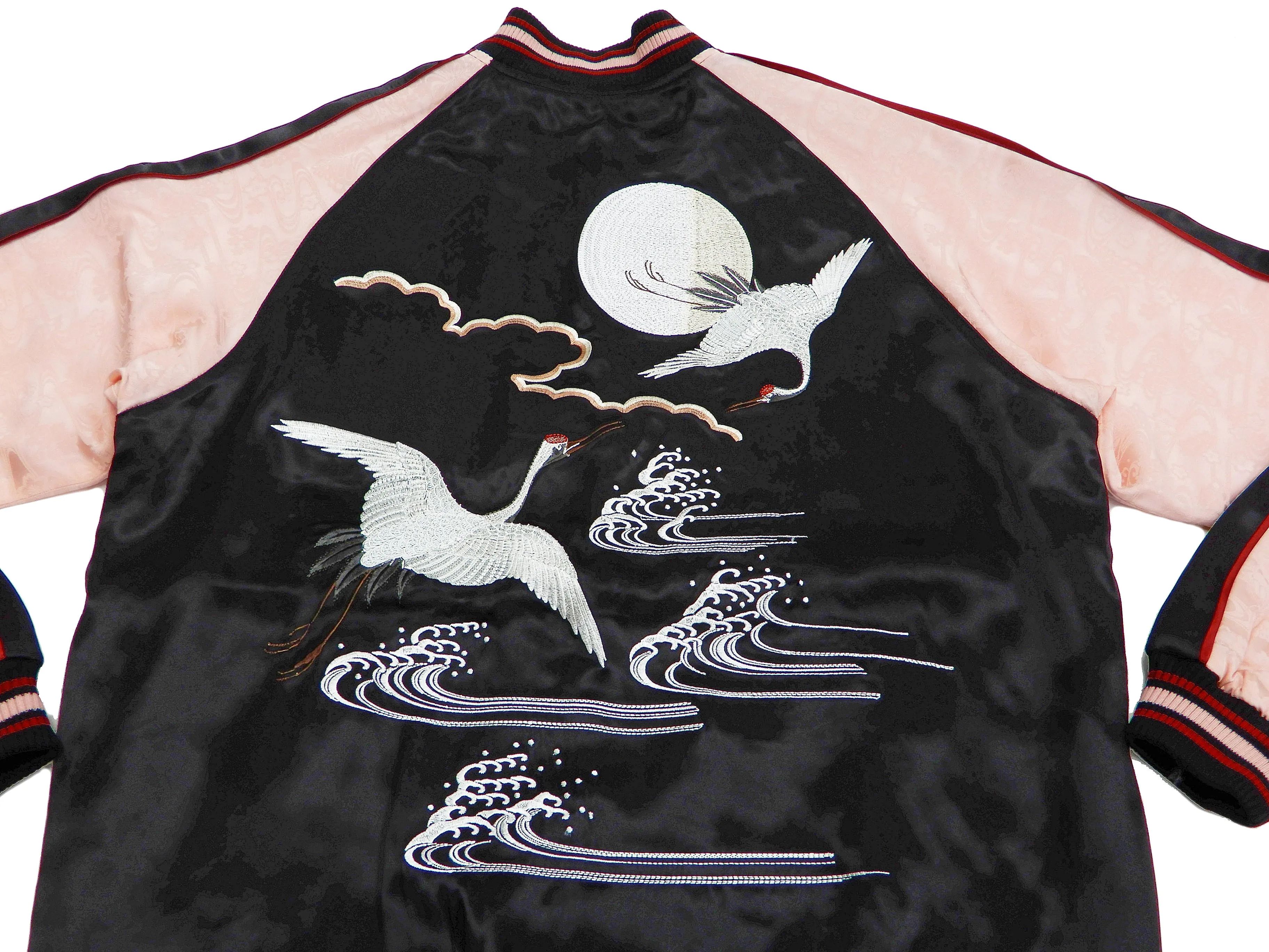 Japanesque Sukajan Jacket Men's Japanese Souvenir Jacket Japanese Crane 3RSJ-752 Black/Pink