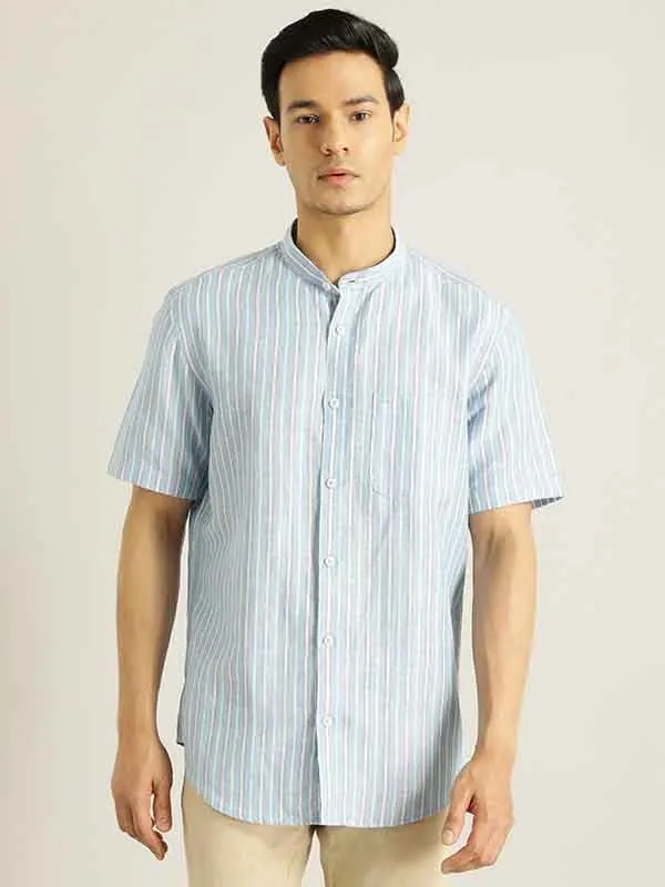 Men Striped Half Sleeve Linen Blend Shirt