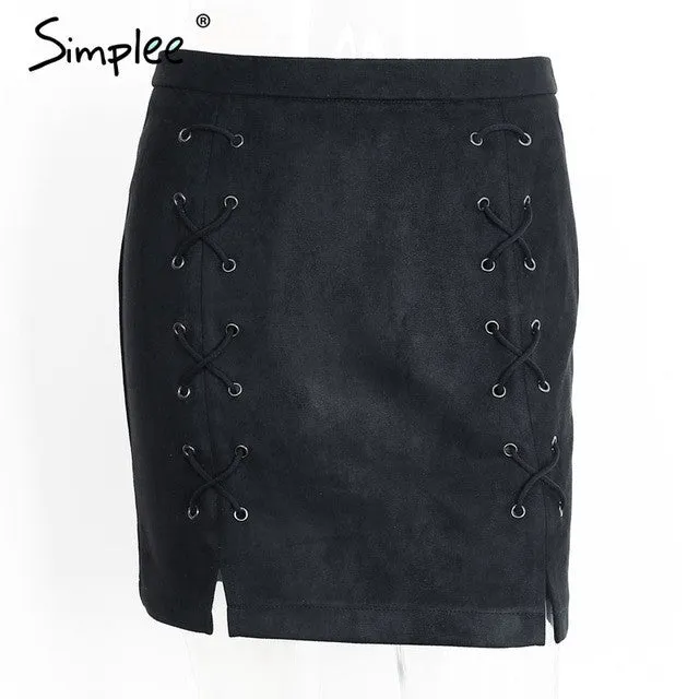 Simplee Autumn lace up leather suede pencil skirt Winter 2016 cross high waist skirt Zipper split bodycon short skirts womens