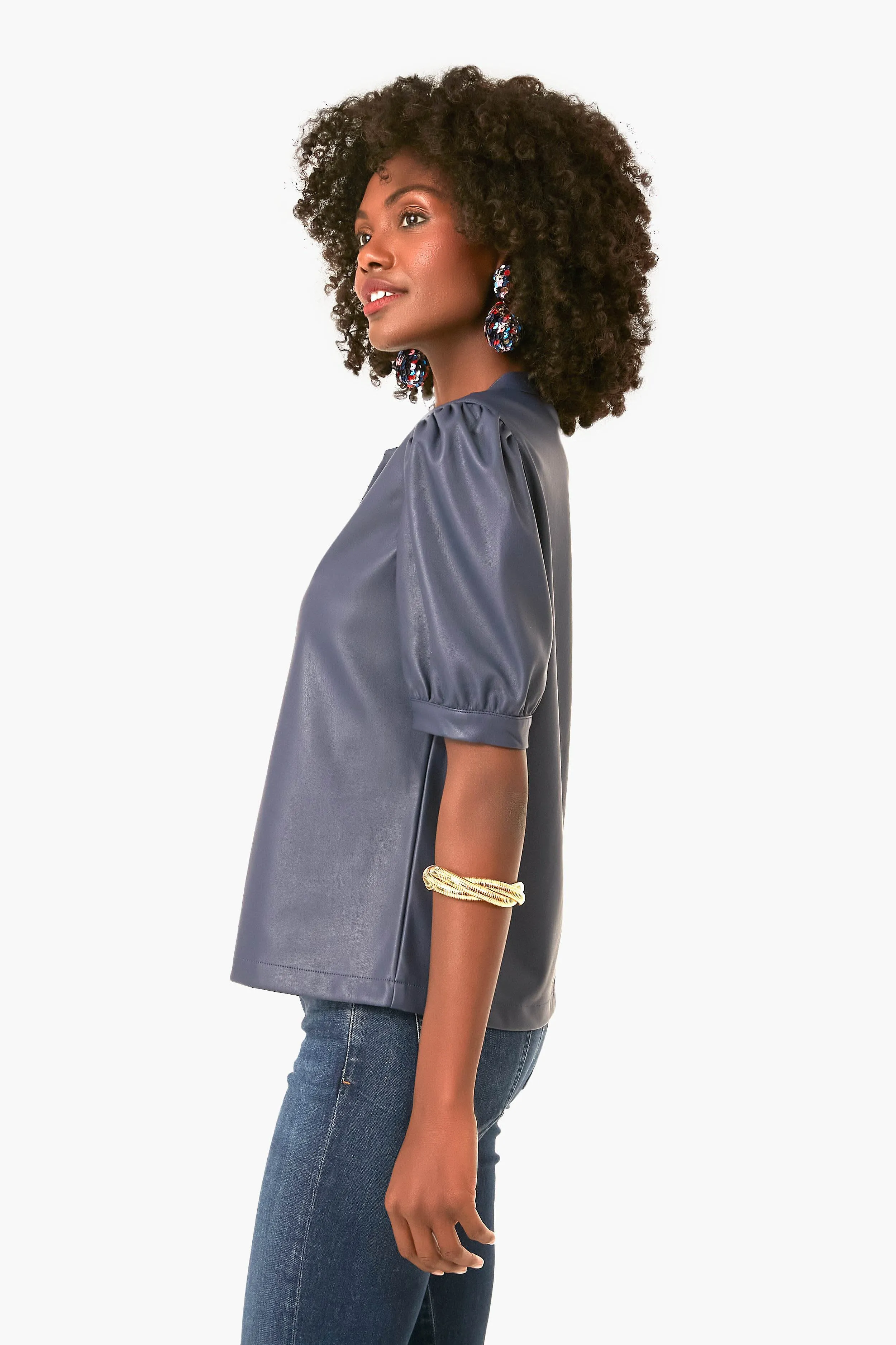 Vegan Leather Split Neck Top